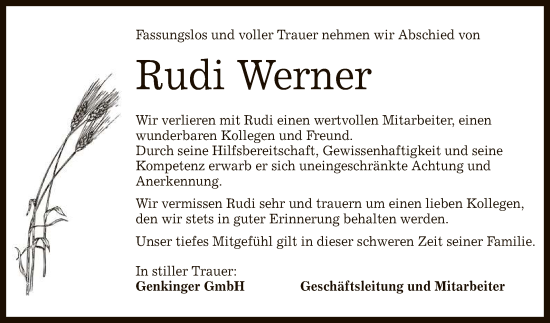Anzeige von Rudi Werner von Reutlinger General-Anzeiger
