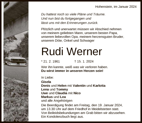 Anzeige von Rudi Werner von Reutlinger General-Anzeiger