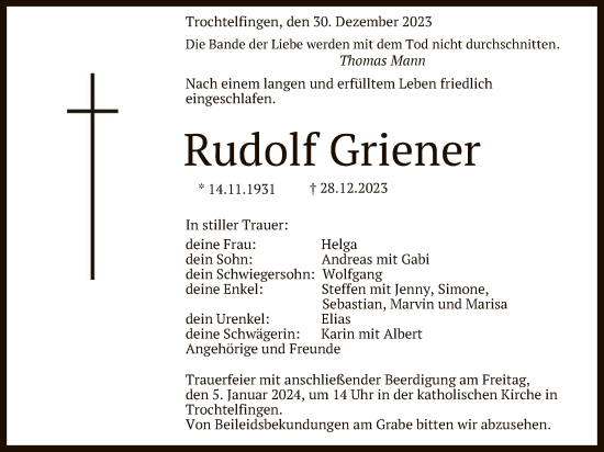 Anzeige von Rudolf Griener von Reutlinger General-Anzeiger