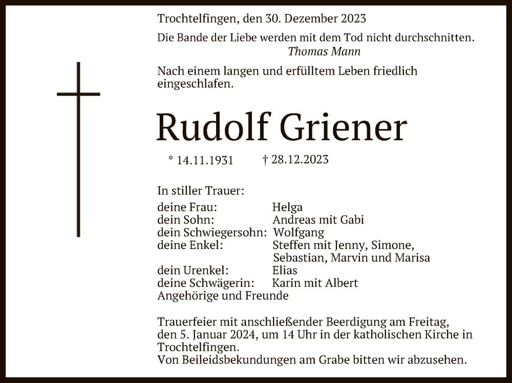  Traueranzeige für Rudolf Griener vom 03.01.2024 aus Reutlinger General-Anzeiger