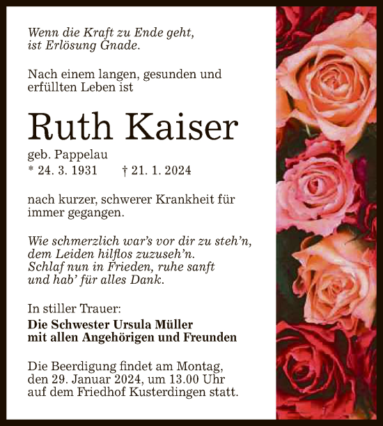 Anzeige von Ruth Kaiser von Reutlinger General-Anzeiger