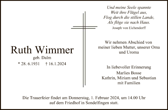 Anzeige von Ruth Wimmer von Reutlinger General-Anzeiger