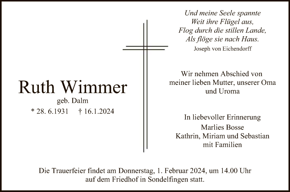  Traueranzeige für Ruth Wimmer vom 27.01.2024 aus Reutlinger General-Anzeiger