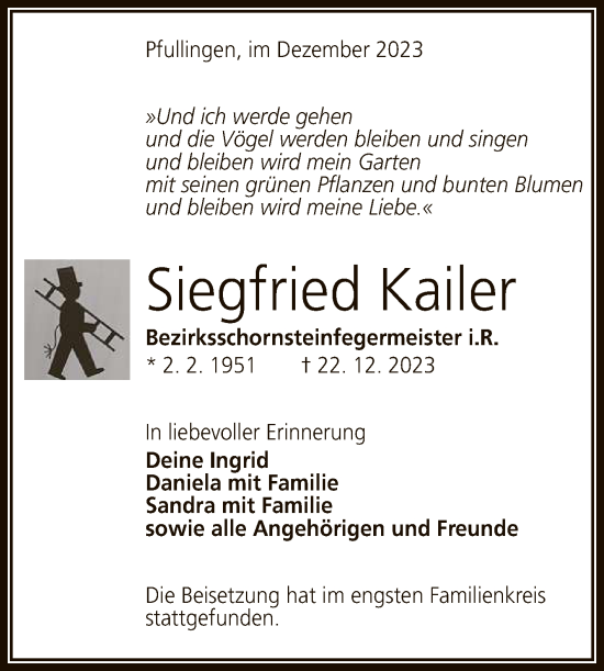 Anzeige von Siegfried Kader von Reutlinger General-Anzeiger