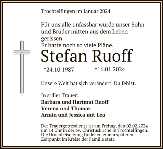 Anzeige von Stefan Ruoff von Reutlinger General-Anzeiger