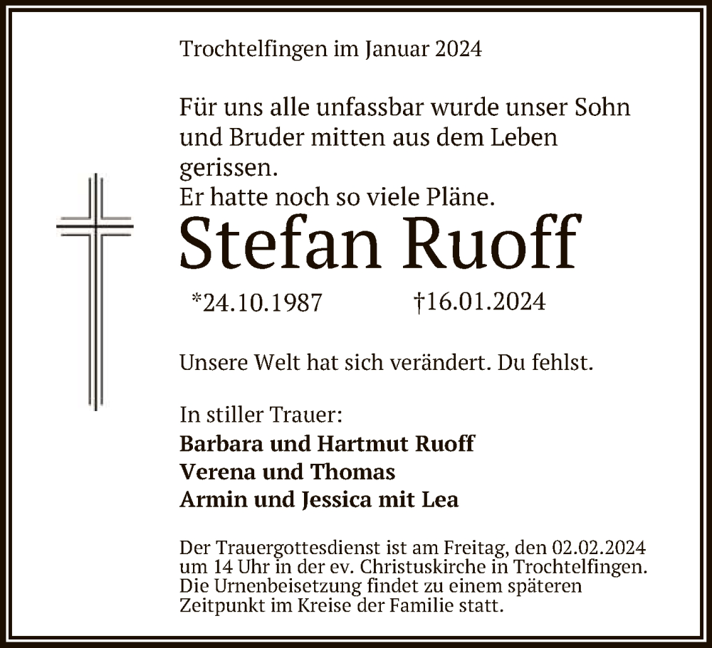  Traueranzeige für Stefan Ruoff vom 27.01.2024 aus Reutlinger General-Anzeiger