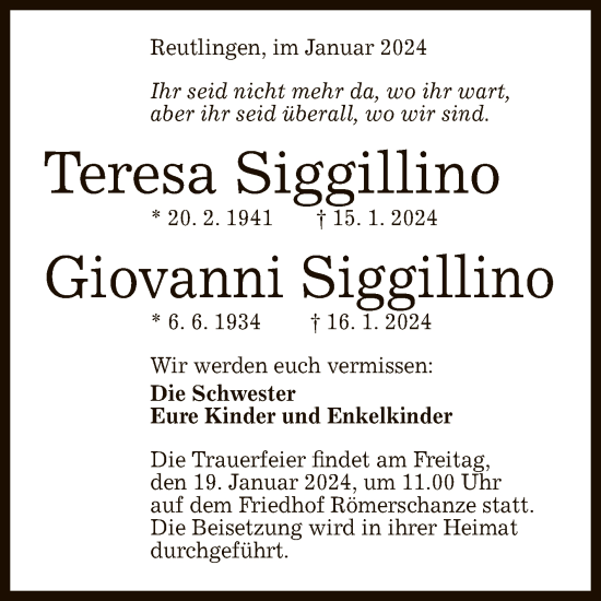 Anzeige von Teresa und Giovanni Siggillino von Reutlinger General-Anzeiger