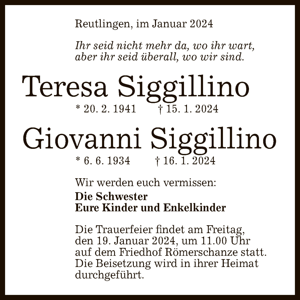  Traueranzeige für Teresa und Giovanni Siggillino vom 18.01.2024 aus Reutlinger General-Anzeiger
