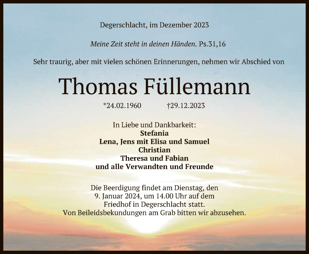  Traueranzeige für Thomas Füllemann vom 03.01.2024 aus Reutlinger General-Anzeiger