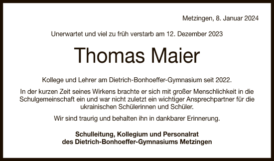 Anzeige von Thomas Maier von Reutlinger General-Anzeiger