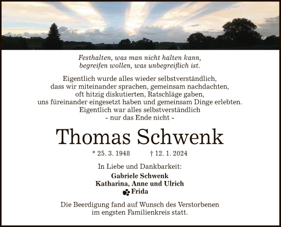 Anzeige von Thomas Schwenk von Reutlinger General-Anzeiger