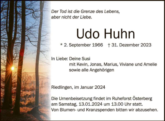 Anzeige von Udo Huhn von Reutlinger General-Anzeiger