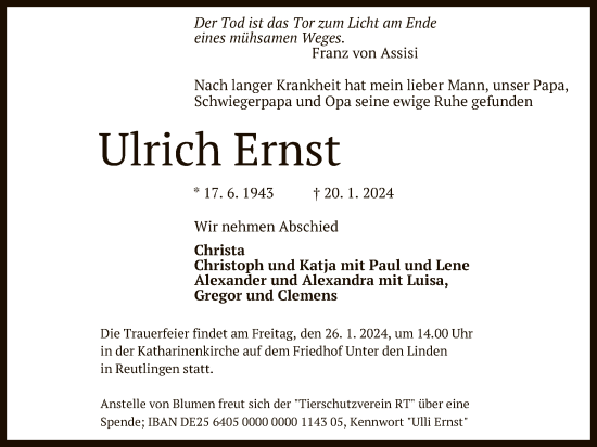 Anzeige von Ulrich Ernst von Reutlinger General-Anzeiger