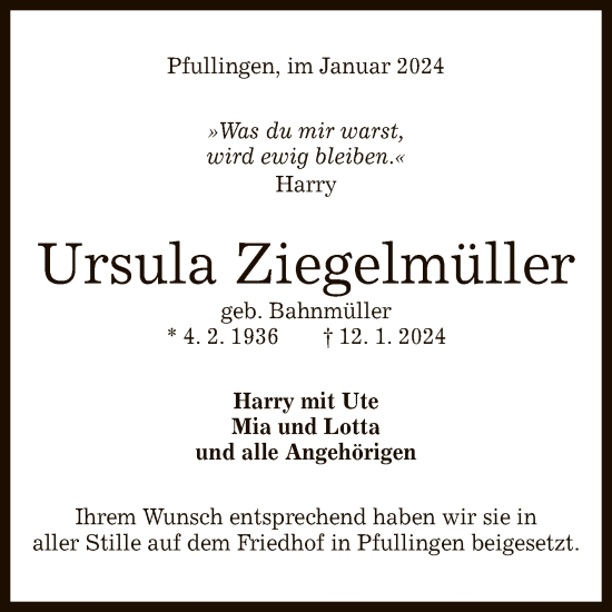 Anzeige von Ursula Ziegelmüller von Reutlinger General-Anzeiger