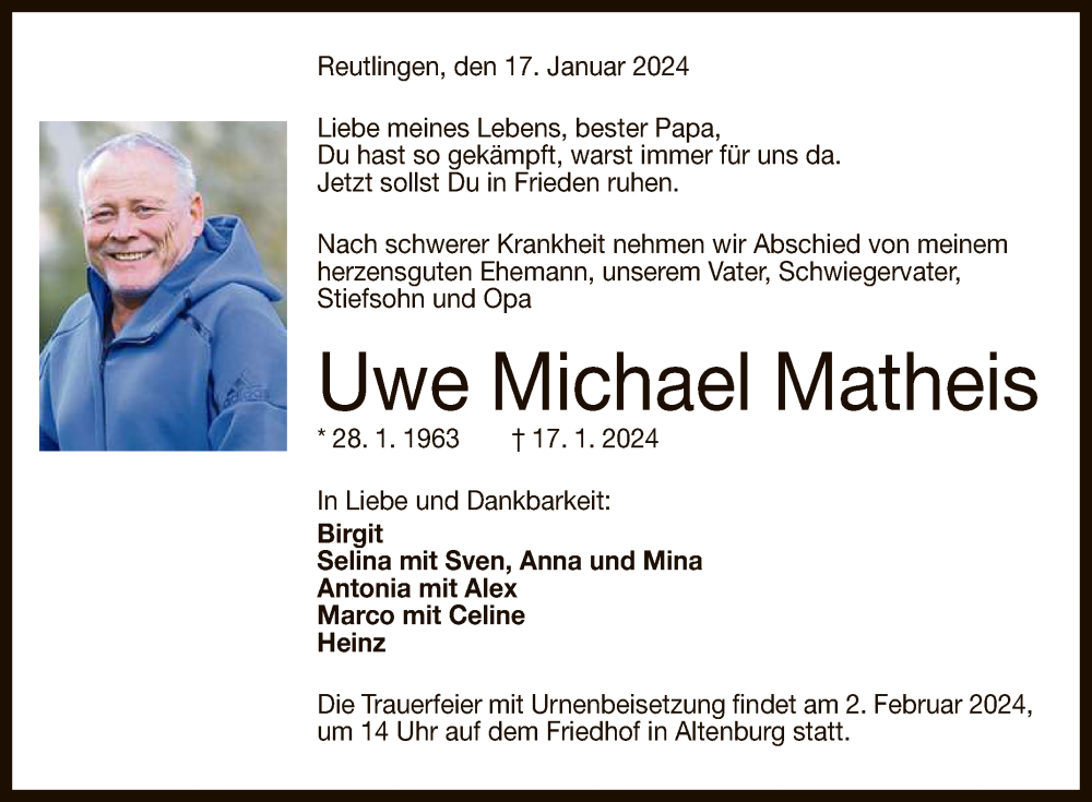  Traueranzeige für Uwe Michael Matheis vom 27.01.2024 aus Reutlinger General-Anzeiger