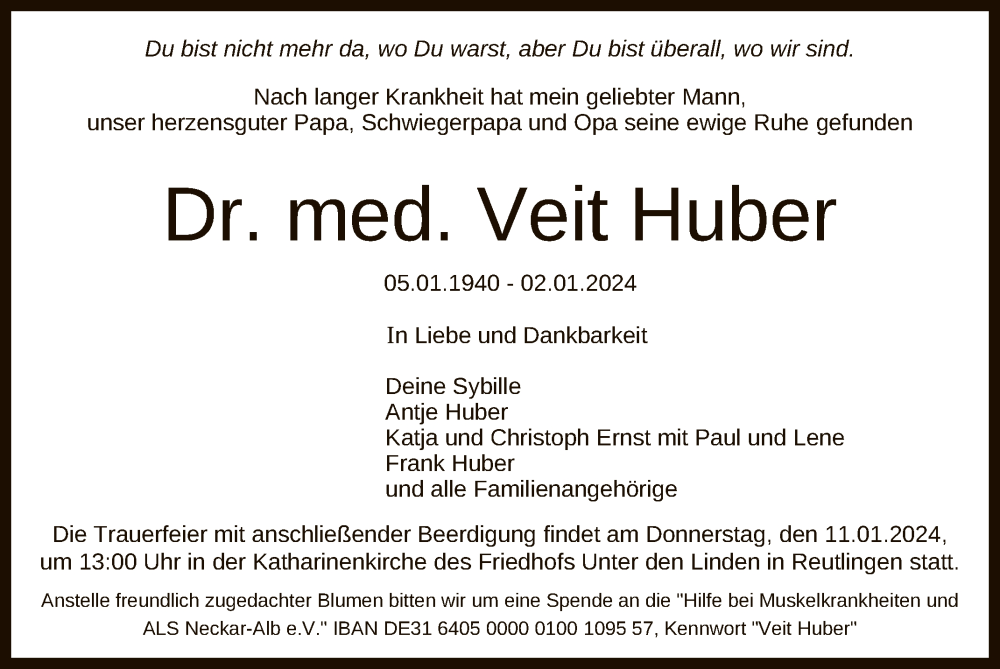  Traueranzeige für Veit Huber vom 08.01.2024 aus Reutlinger General-Anzeiger
