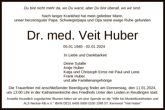 Anzeige von Veit Huber von Reutlinger General-Anzeiger
