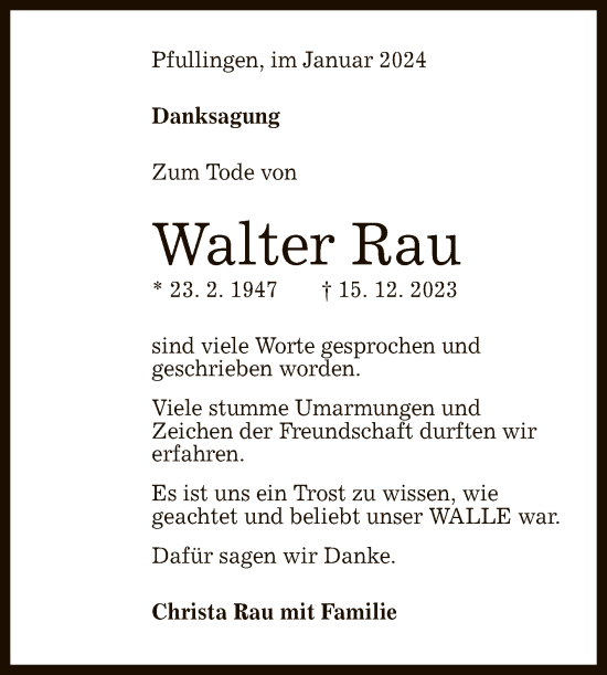 Anzeige von Walter Rau von Reutlinger General-Anzeiger