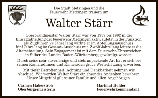 Anzeige von Walter Stärr von Reutlinger General-Anzeiger