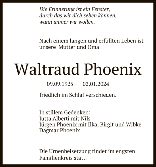 Anzeige von Waltraud Phoenix von Reutlinger General-Anzeiger