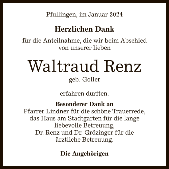 Anzeige von Waltraud Renz von Reutlinger General-Anzeiger