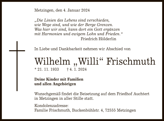 Anzeige von Wilhelm Frischmuth von Reutlinger General-Anzeiger