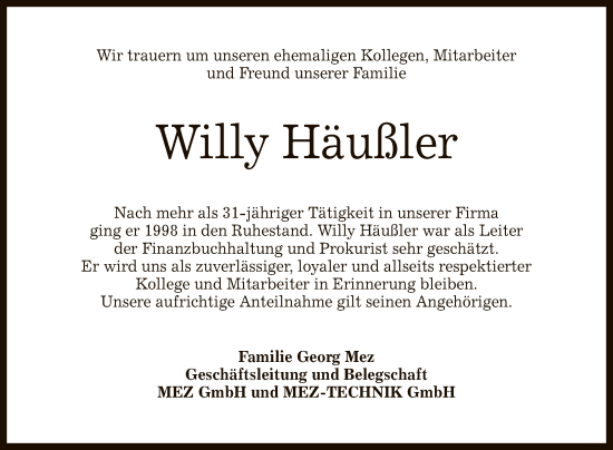 Anzeige von Willy Häußler von Reutlinger General-Anzeiger