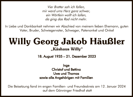 Anzeige von Willy Georg Jakob Häußler von Reutlinger General-Anzeiger