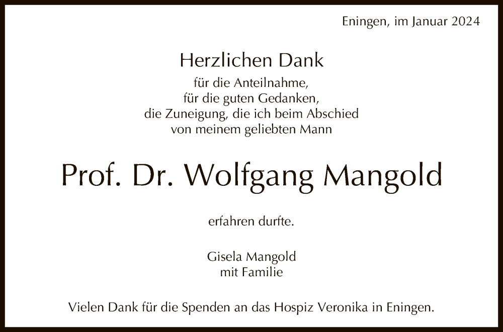  Traueranzeige für Wolfgang Mangold vom 13.01.2024 aus Reutlinger General-Anzeiger