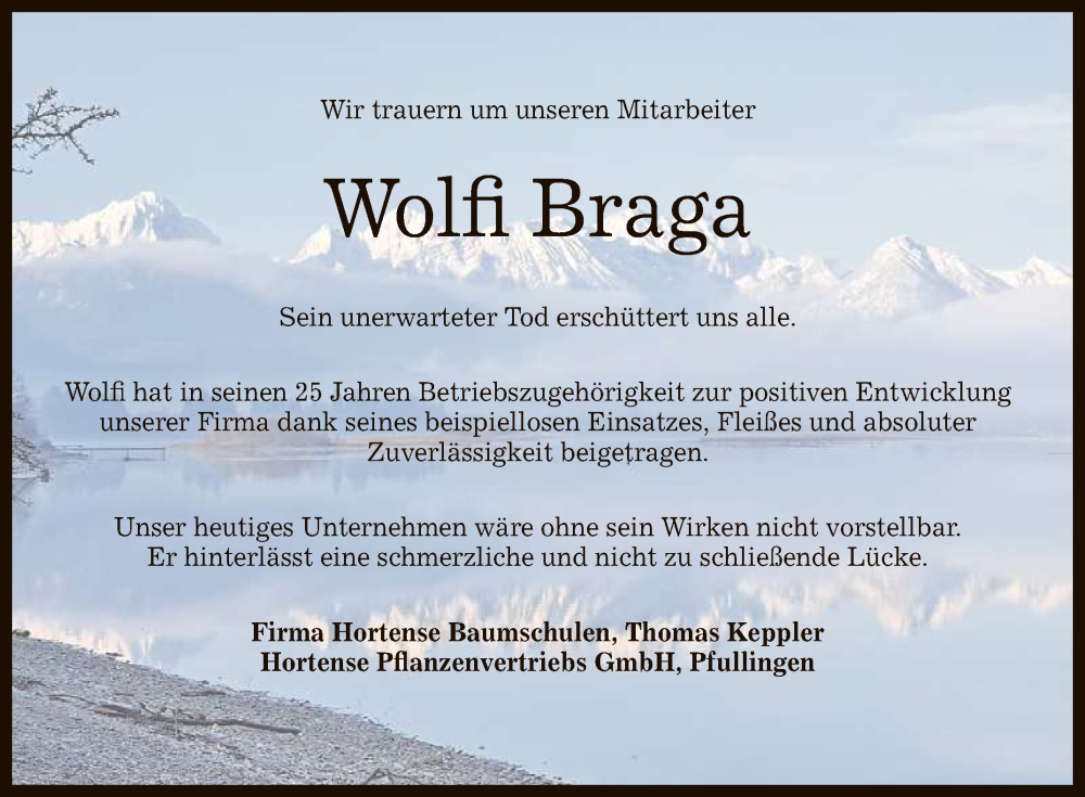  Traueranzeige für Wolfi Braga vom 11.01.2024 aus Reutlinger General-Anzeiger