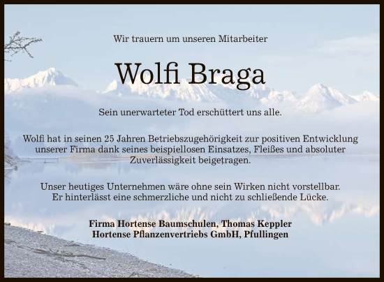 Anzeige von Wolfi Braga von Reutlinger General-Anzeiger