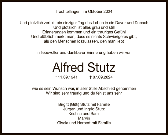 Anzeige von Alfred Stutz von Reutlinger General-Anzeiger