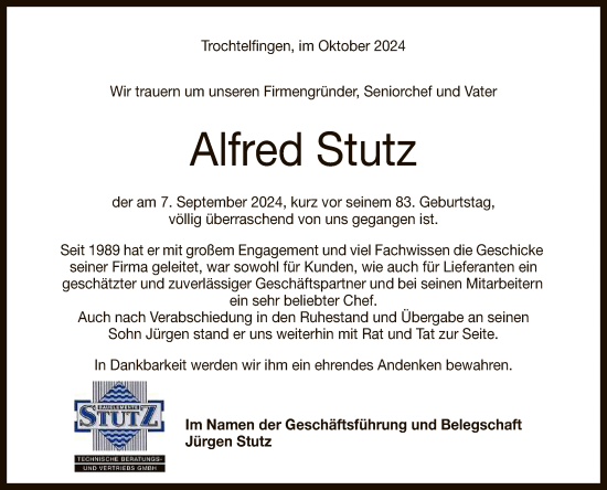 Anzeige von Alfred Stutz von Reutlinger General-Anzeiger