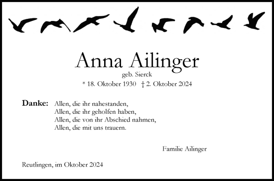 Anzeige von Anna Ailinger von Reutlinger General-Anzeiger