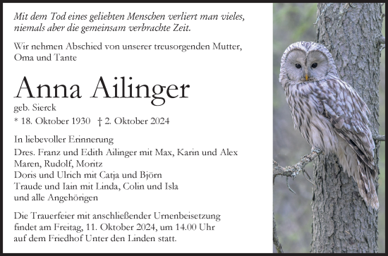 Anzeige von Anna Ailinger von Reutlinger General-Anzeiger