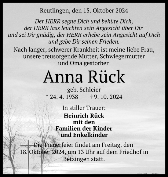 Anzeige von Anna Rück von Reutlinger General-Anzeiger