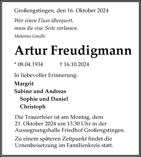 Anzeige von Artur Freudigmann von Reutlinger General-Anzeiger