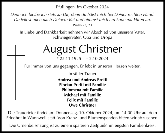 Anzeige von August Christner von Reutlinger General-Anzeiger