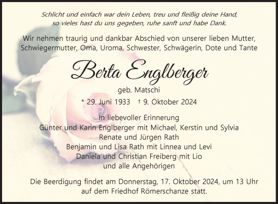 Anzeige von Berta Englberger von Reutlinger General-Anzeiger