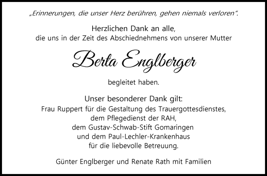 Anzeige von Berta Englberger von Reutlinger General-Anzeiger