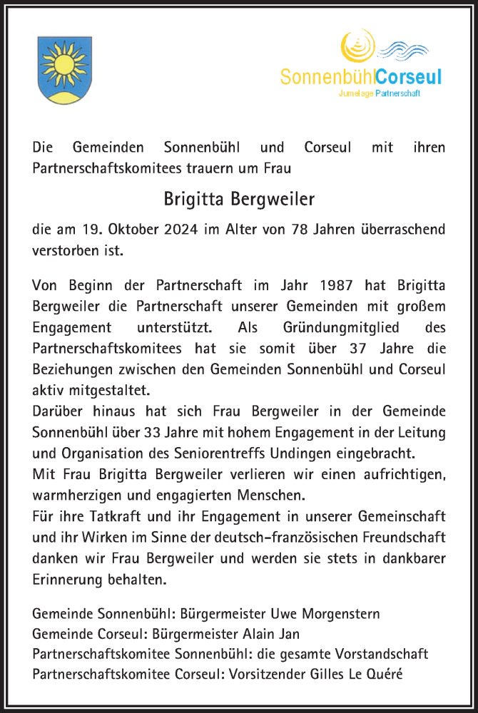  Traueranzeige für Brigitta Bergweiler vom 26.10.2024 aus Reutlinger General-Anzeiger