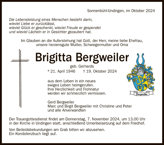 Anzeige von Brigitta Bergweiler von Reutlinger General-Anzeiger