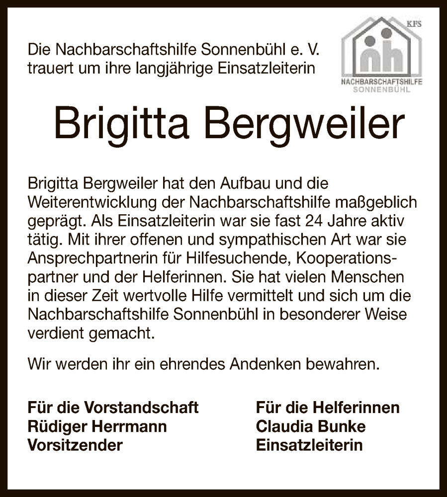  Traueranzeige für Brigitta Bergweiler vom 26.10.2024 aus Reutlinger General-Anzeiger