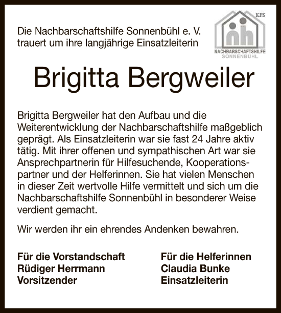 Anzeige von Brigitta Bergweiler von Reutlinger General-Anzeiger