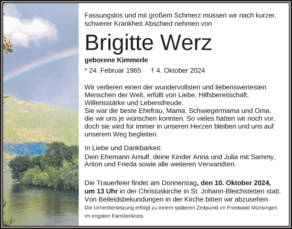  Traueranzeige für Brigitte Werz vom 08.10.2024 aus Reutlinger General-Anzeiger