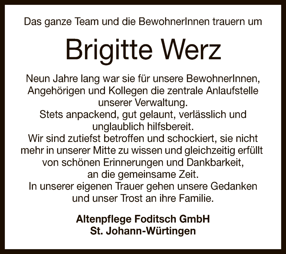  Traueranzeige für Brigitte Werz vom 11.10.2024 aus Reutlinger General-Anzeiger