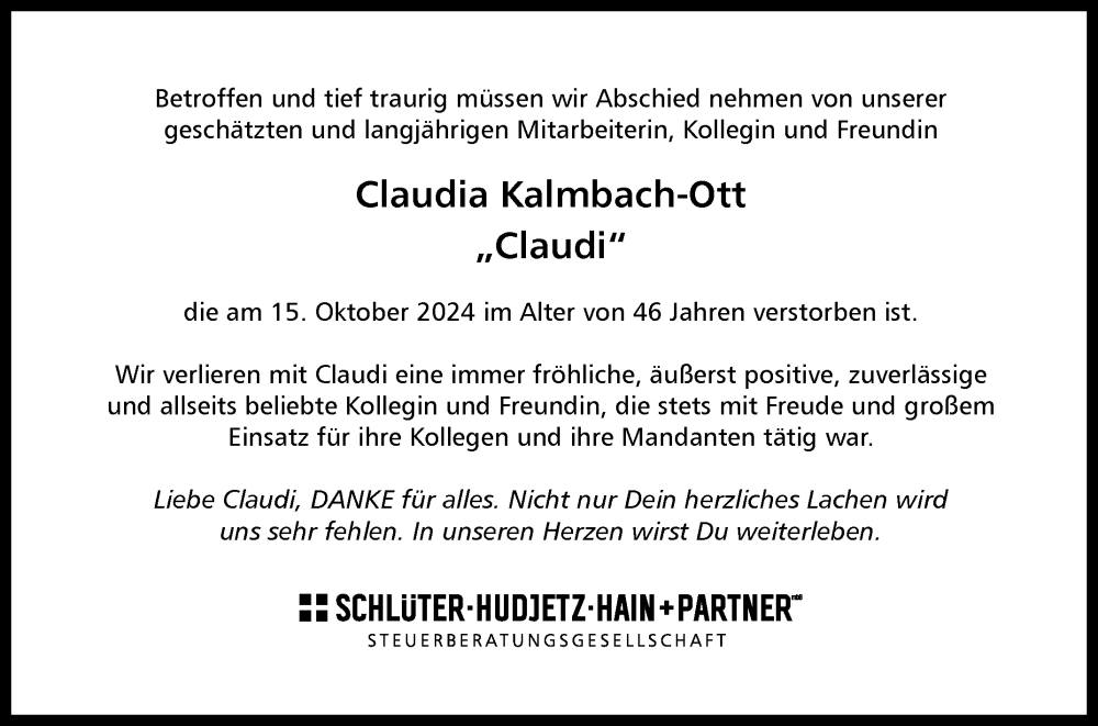  Traueranzeige für Claudia Kalmbach-Ott vom 26.10.2024 aus Reutlinger General-Anzeiger