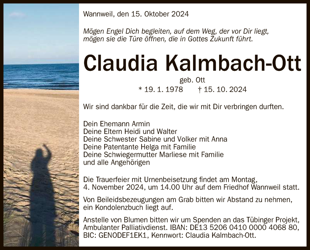  Traueranzeige für Claudia Kalmbach-Ott vom 26.10.2024 aus Reutlinger General-Anzeiger