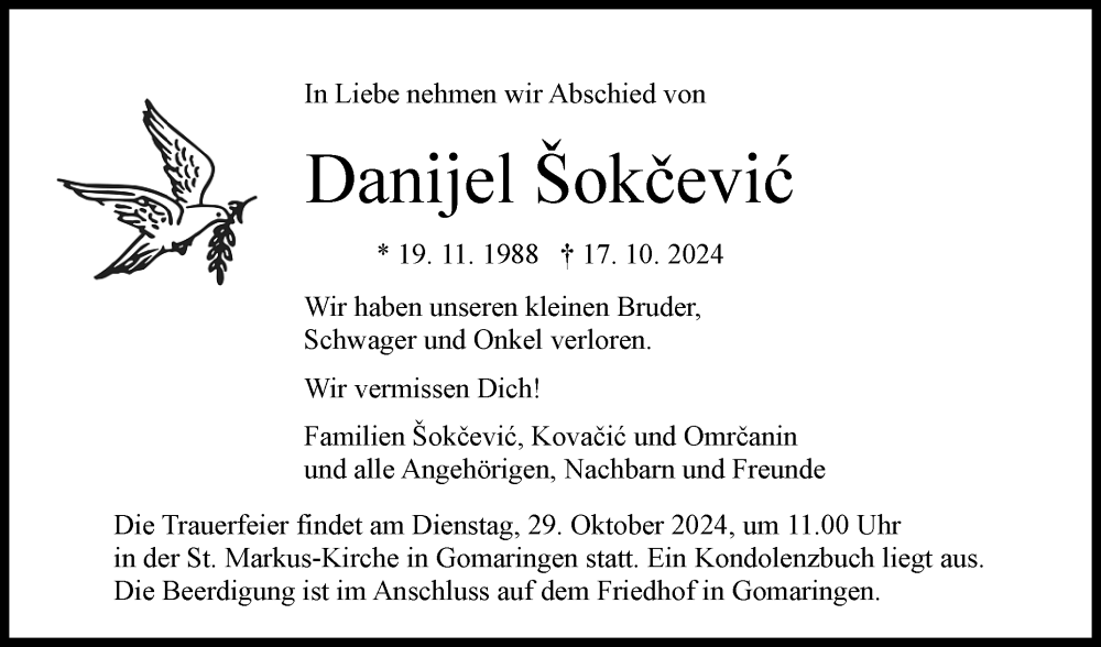  Traueranzeige für Danijel Sokcevic vom 23.10.2024 aus Reutlinger General-Anzeiger