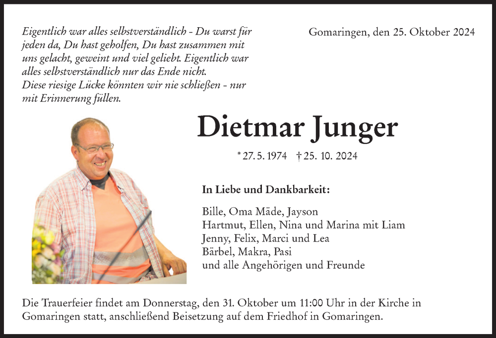  Traueranzeige für Dietmar Junger vom 29.10.2024 aus Reutlinger General-Anzeiger